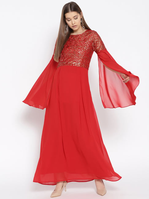 Cottinfab Red Embellished Maxi Dress Price in India