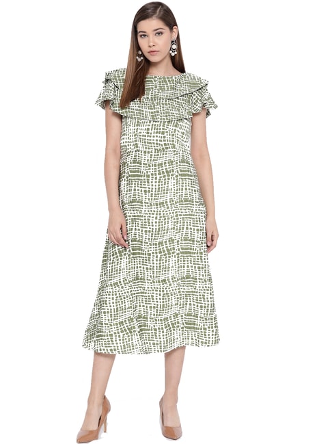 Cottinfab White & Olive Printed A-Line Dress Price in India
