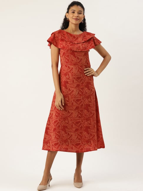 Cottinfab Orange Printed A-Line Dress Price in India