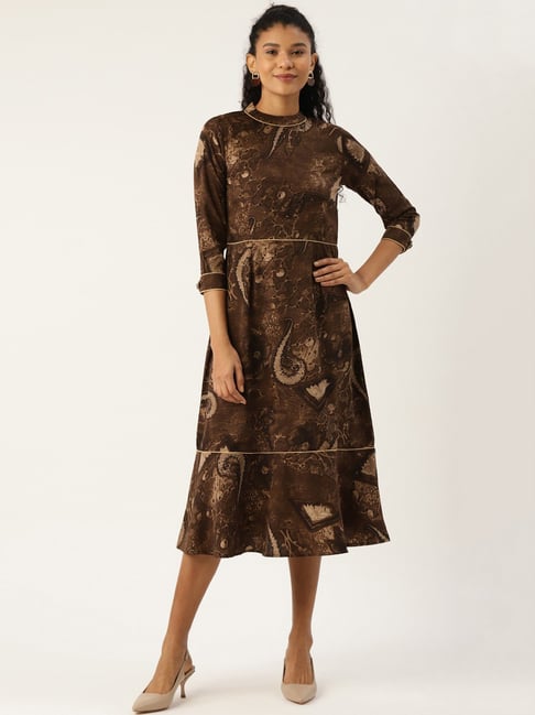 Cottinfab Brown Printed A-Line Dress Price in India