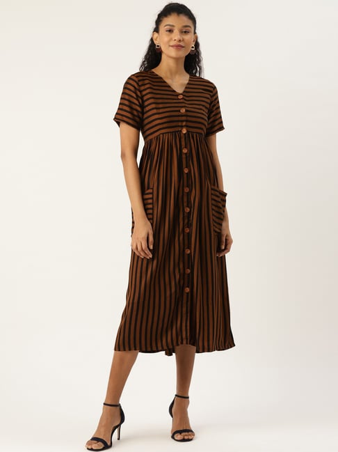 Cottinfab Brown Striped A-Line Dress Price in India