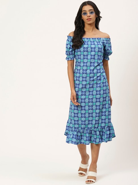 Cottinfab Blue Printed Peplum Dress Price in India
