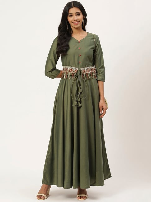 Cottinfab Olive Lace Maxi Dress Price in India