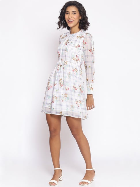 Cottinfab White Printed A-Line Dress Price in India