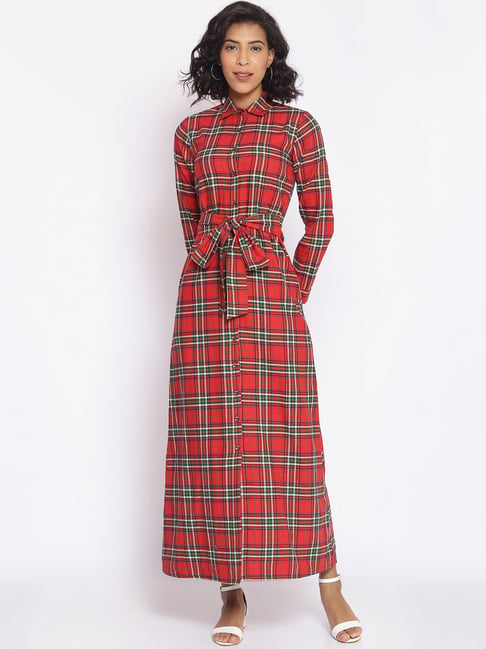 Cottinfab Red Check Shift Dress Price in India