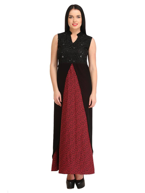 Cottinfab Black & Maroon Embellished A-Line Dress Price in India
