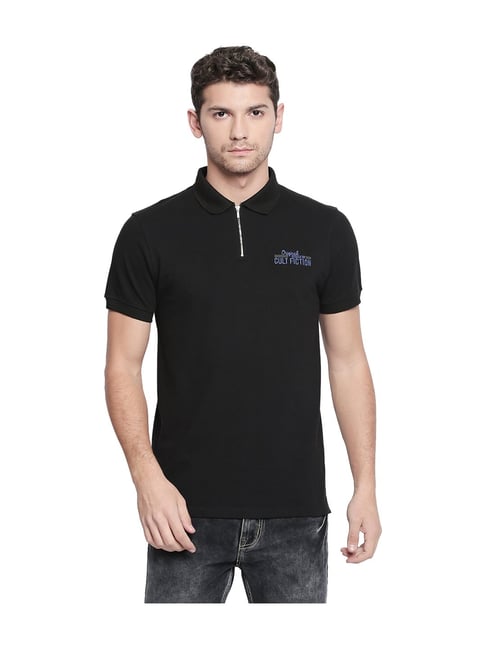 Cult Fiction Jet Black Solid Polo T-Shirt