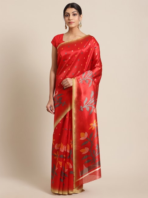 KSUT Red Art Silk Floral Printed Saree Price in India