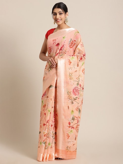 KSUT Orange Saree Floral Print Saree With Unstitch Blouse Price in India