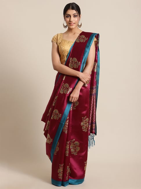 KSUT Magenta Printed Saree with Unstitch Blouse Price in India