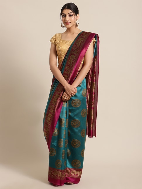KSUT Turquoise Blue Printed Saree with Unstitch Blouse Price in India