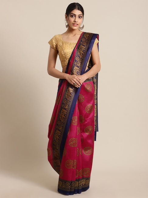 KSUT Pink Printed Saree with Unstitch Blouse Price in India