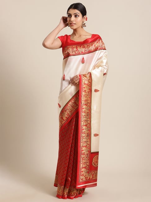 KSUT Red Printed Saree with Unstitch Blouse Price in India
