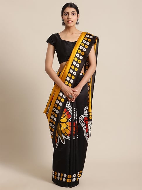 KSUT Mustard Printed Saree with Unstitch Blouse Price in India