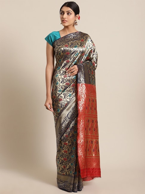 KSUT Blue Woven Saree With Unstitched Blouse Price in India