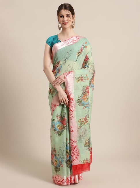 KSUT Green Floral Saree with Unstiched Blouse Price in India