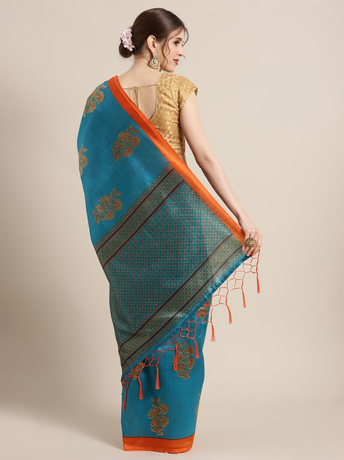 KSUT Turquoise Blue Woven Design Saree with Unstiched Blouse Price in India