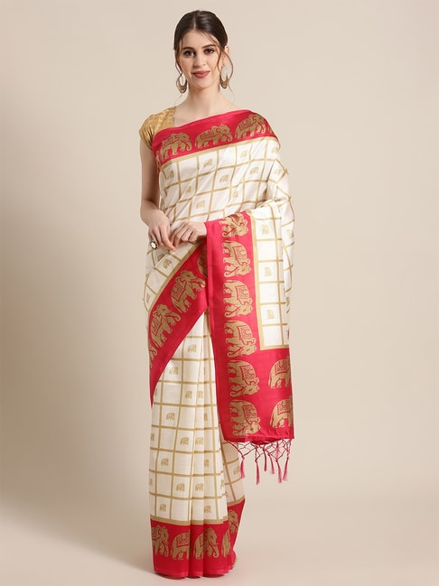KSUT White Woven Design Saree with Unstiched Blouse Price in India