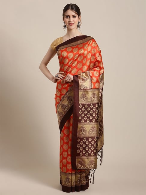 KSUT Orange Woven Design Saree with Unstiched Blouse Price in India