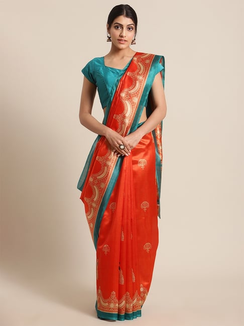 KSUT Orange Printed Saree with Unstitch Blouse Price in India