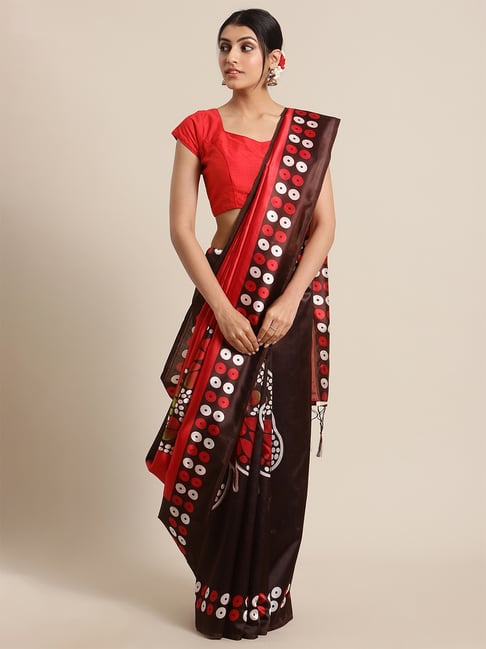 KSUT Red Printed Saree with Unstitch Blouse Price in India