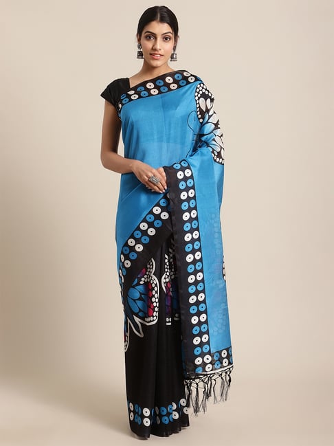 KSUT Turquoise Blue Printed Saree with Unstitch Blouse Price in India