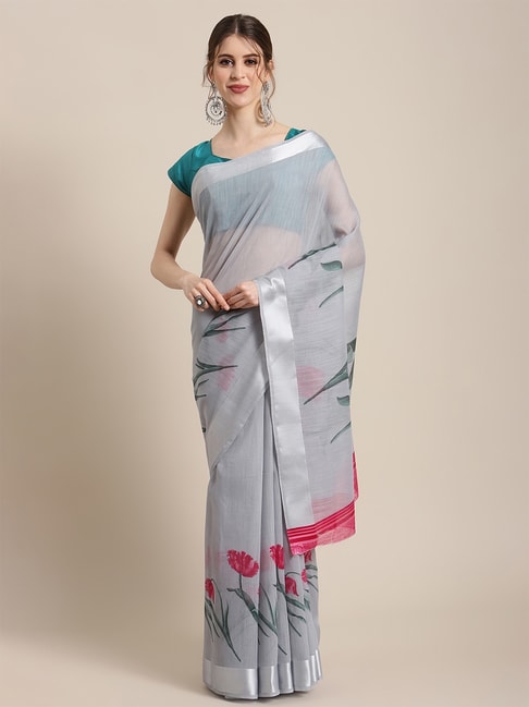 KSUT Grey Floral Saree with Unstiched Blouse Price in India
