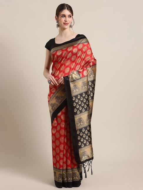 KSUT Red Woven Design Saree with Unstiched Blouse Price in India