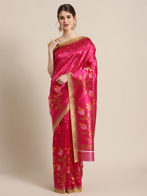 KSUT Pink Floral Saree with Unstiched Blouse Price in India