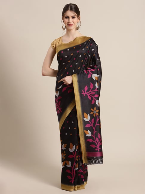 KSUT Black Floral Saree with Unstiched Blouse Price in India