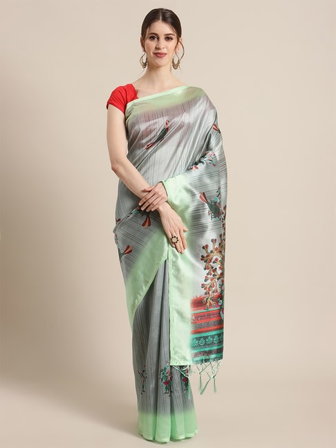 KSUT Green Abstract Saree with Unstiched Blouse Price in India