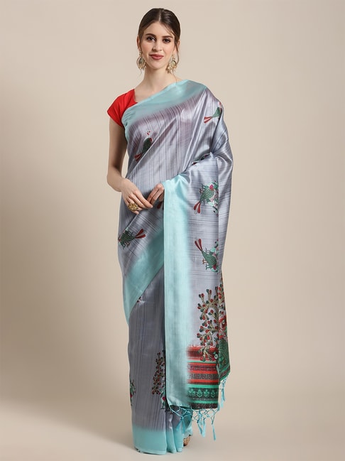 KSUT Blue Abstract Saree with Unstiched Blouse Price in India