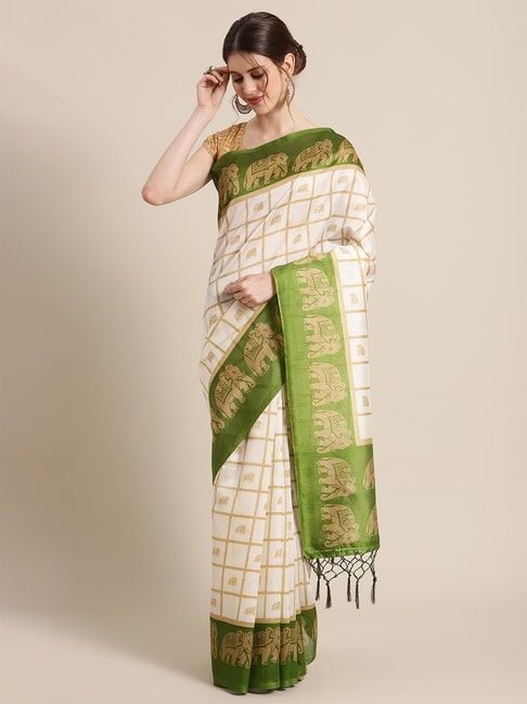 KSUT White Checked Saree with Unstiched Blouse Price in India