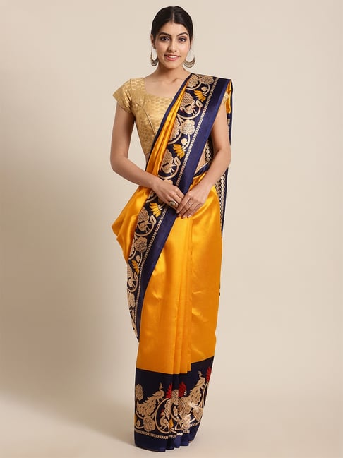 KSUT Orange Printed Saree with Unstitch Blouse Price in India