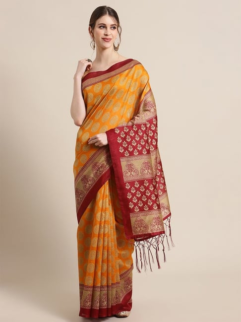 KSUT Mustard Woven Design Saree with Unstiched Blouse Price in India