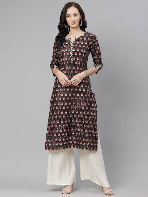 Yuris Dark Brown Printed Straight Kurta Price in India