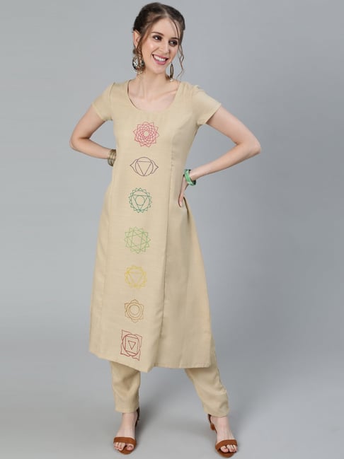 Aks Beige Printed A Line Kurta