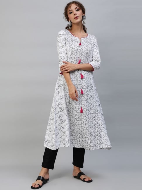 Aks White & Grey Printed A Line Kurta