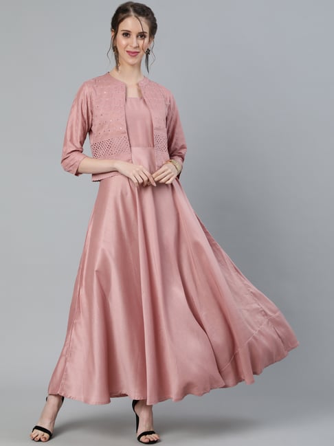 Aks Peach Embellished Maxi Dress With Jacket Price in India