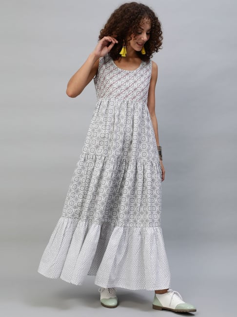 Aks White Printed Maxi Dress Price in India