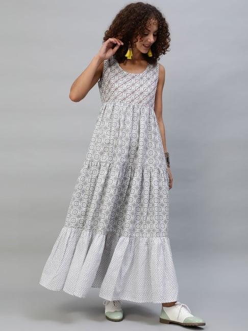 Aks White Printed Maxi Dress