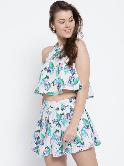 Sera White Floral Print Crop Top With Skirt