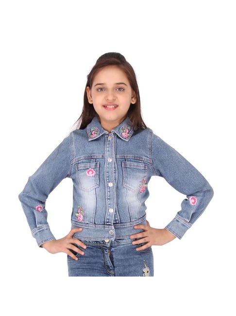 Buy Budding Bees blue denim jacket for girls with pocket thread embriodery  Online at Best Prices in India - JioMart.