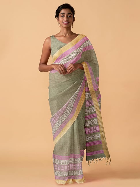 Taneira Green Printed Linen Saree with Blouse Price in India