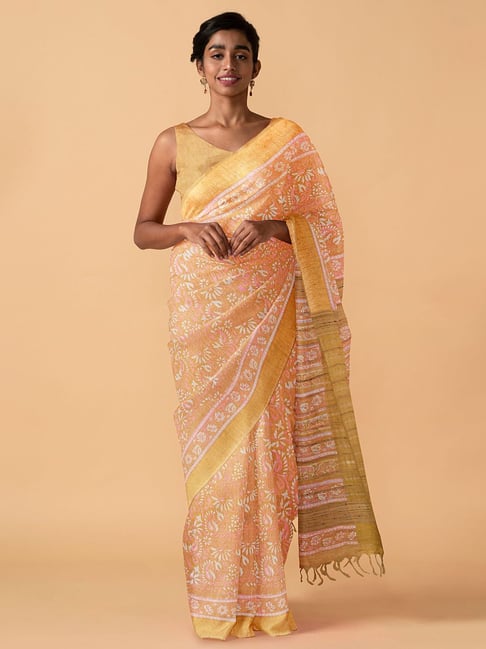 Taneira Orange Printed Linen Saree with Blouse Price in India
