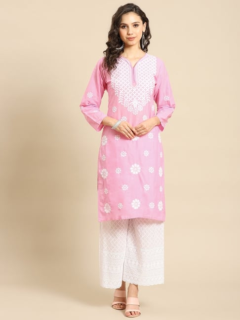 Saadgi Light Pink Cotton Hanloom Embroidered Kurta Palazzo Set Price in India