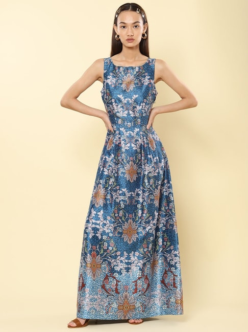 Label Ritu Kumar Blue Floral Print Dress Price in India