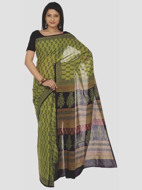 Kalakari India Green Cotton Printed Saree With Unstitched Blouse Price in India
