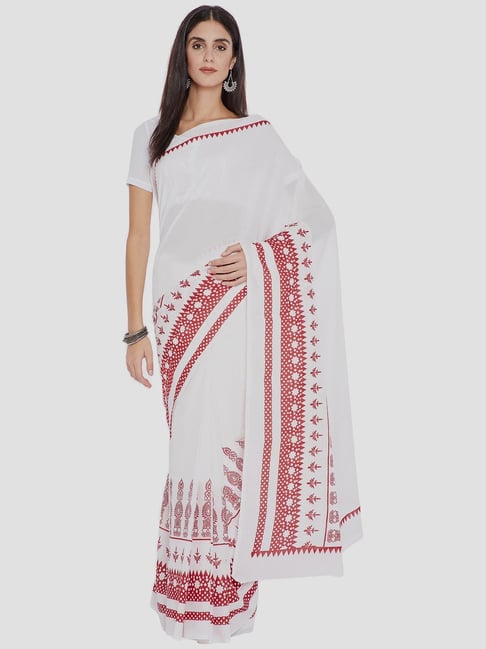 Kalakari India White & Red Cotton Printed Saree With Unstitched Blouse Price in India