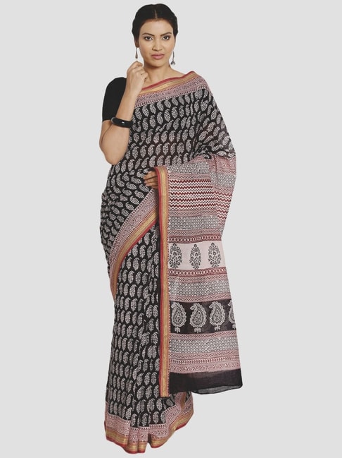 Kalakari India Black Cotton Printed Saree With Unstitched Blouse Price in India